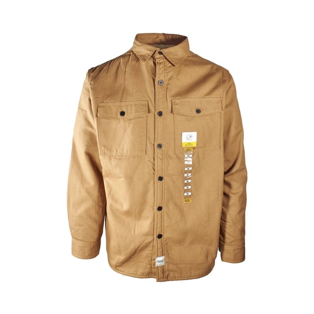 Eddie Bauer Men's Jacket Ballistic Duck Work Wear Shacket (S03) in a tan color, featuring a two-way stretch twill outer fabric and a soft microfleece interior lining. The jacket has two flap chest pockets, two side seam hand pockets, and button cuffs. Designed with a classic, universal fit for mobility and comfort. Made from 100% cotton with a polyester lining, shown in a front-facing view.
