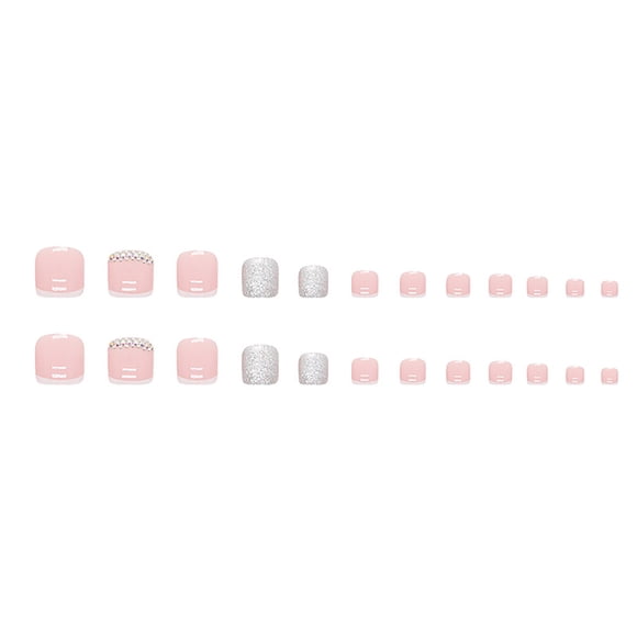 Beauos Clearance Toenails Square Short Full Cover Toenails 24Pcs Simple French White Edge Rhinestone Toe Nails Nails with Glue Sticker and Nails File False Gel Toes Nails Tips Sets 1ml