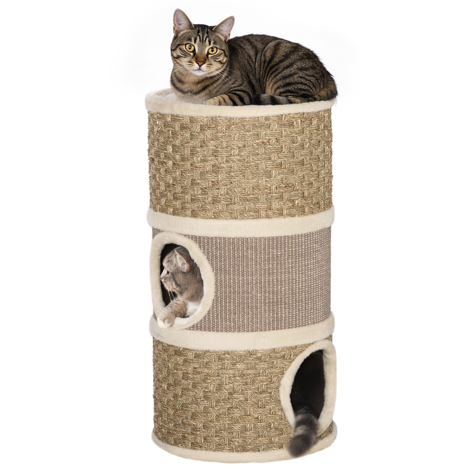 PawHut  Cat Tower 3 Story Three Holes, 15" x 28", Khaki and Brown