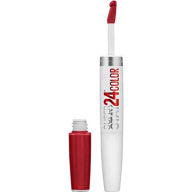 Maybelline New York Superstay 24® Liquid Lipstick in red with an angled applicator wand showing liquid lipstick, featuring Microflex technology for long-lasting, fresh, and vibrant lip colour.