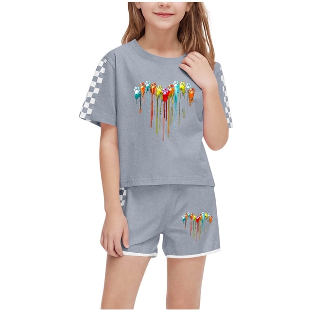 Économies d'Été! HVOBTTY Ensemble Décontracté 2 Pcs à Manches Courtes pour Filles, Ensemble de Mode Décontracté à Manches Courtes pour Garçons et Filles avec Col Rond, Boutons et Short Imprimé Gris, 7 Ans