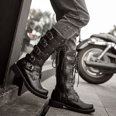 TIMIFIS Motorcycle Men’s Side Boot Zipper Oiled Leather Boots Merry Christmas
