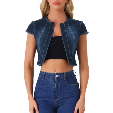 INSPIRE CHIC Veste en Jean d'Été pour Femme 2023 Courte en Denim à Manches Cap Ajustées m Noir Bleu