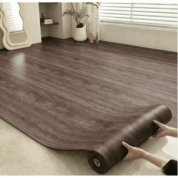 Wood Grain Peel and Stick Floor Tiles,Self-Adhesive Vinyl Flooring Roll,Hard Surface/Waterproof/Anti Slip,DIY Easy for Wall Floor,Bedroom,Kitchen (Amber Flow Brown, 15.7 Wide x 394 Long inch)