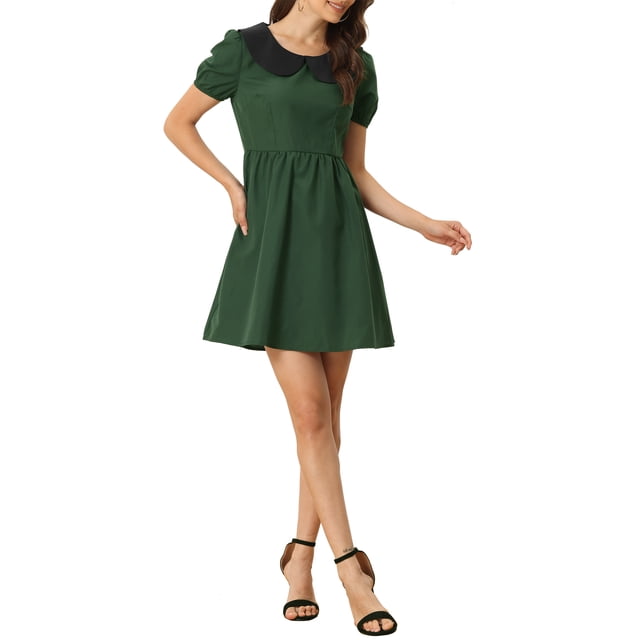 INSPIRE CHIC Robe au-Dessus du Genou pour Femme à Col Peter Pan Contrastant, Manches Bouffantes, Coupe Ajustée et Évasée, L Vert Foncé