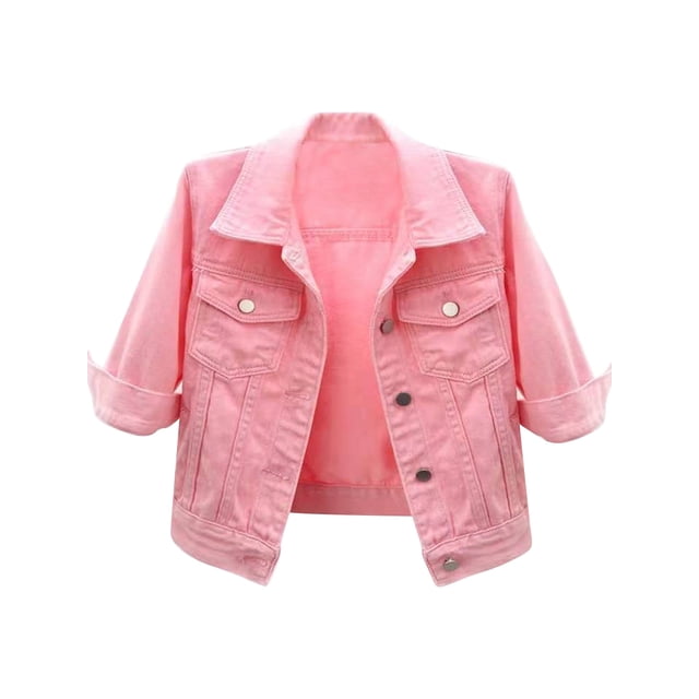 YiZYiF Veste en Denim Courte Colorée à Manches 3/4 pour Femme, Veste Délavée Légère, Manteau à Revers, Veste en Jean Boutonnée, Rose m