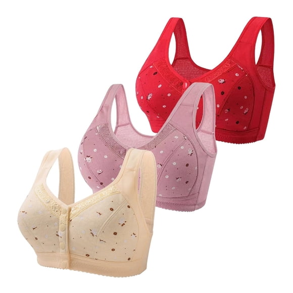 WZXFASHION 3 Pack Daisy Bras For Older Women 2024 Front Close Button Cotton Bras Comfortable Full Support Wide Back No Underwire Bras Bra Light blue 48