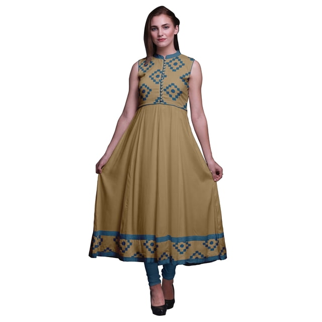 Bimba Robe Anarkali Géométrique Brun Pâle Col Mandarin Sans Manches Kurtis pour Femmes Imprimé Robe Maxi X-Small