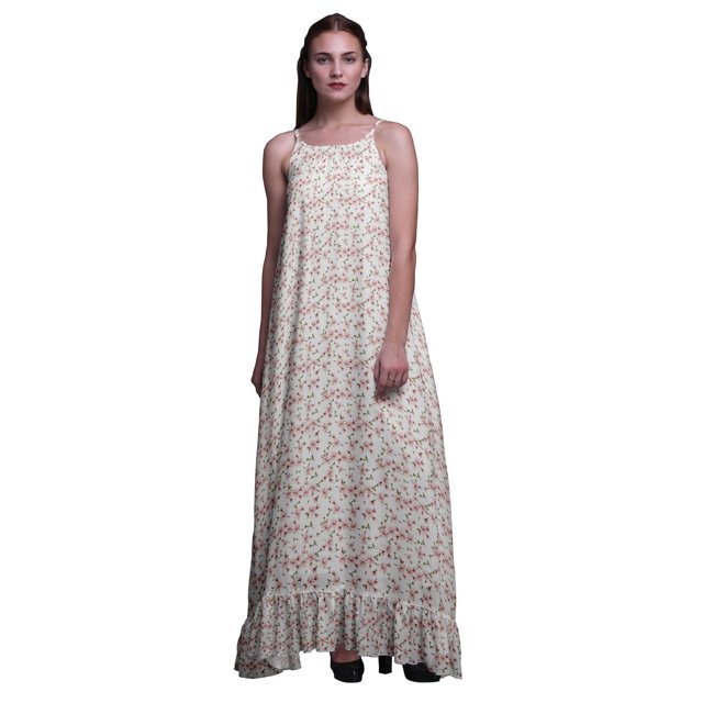 Bimba White5 Floral Leaves & Magnolia Printed Nightwear For Women Long Spaghetti Strap Maxi Dress Sleepwear Gown XX-Grand