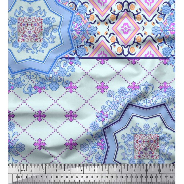 Soimoi Poly Georgette Fabric Check & Mandala Patchwork Print Fabric by the Yard 42 Inch Wide