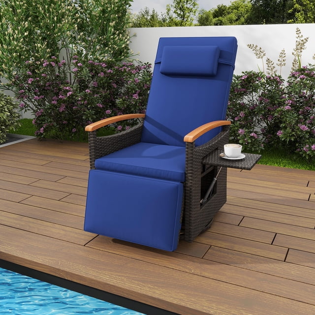 Costway Outdoor 360° Swivel Rattan Recliner Chair Patio Wicker Chaise Lounge Chair Navy