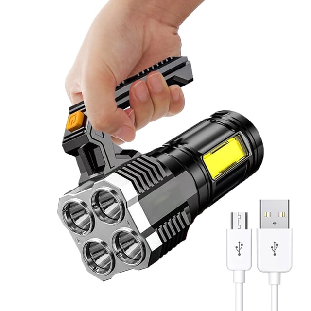 Boovnll Rechargeable Flashlights, designed with a durable black ABS and PC body, featuring a P900 wick with 5 LED lights for high-lumen brightness. Includes COB side lights for emergency or work use, a built-in lithium battery with USB fast charging, and a power display indicator. Offers four lighting modes: strong, low, flash, and side light. Compact and lightweight with a convenient handle, ideal for camping, hiking, and outdoor activities. Package includes a USB charging cable.