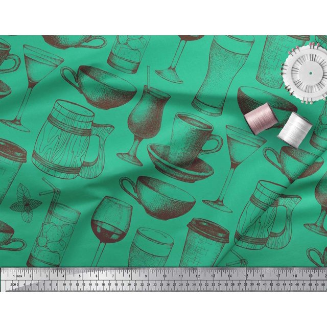 Soimoi Moss Georgette Fabric Jug,Wine Glass & Cups Print Sewing Fabric Yard 42 Inch Wide