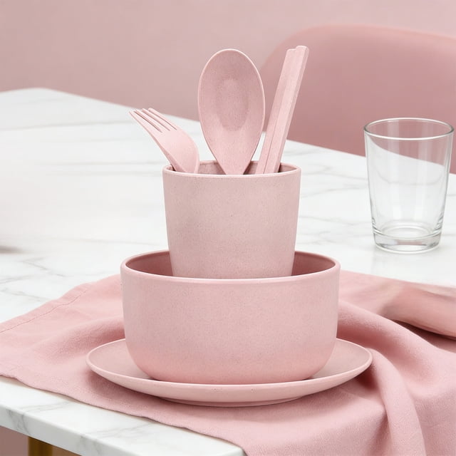 Dvkptbk plastic cutlery Wheats Straw Tableware Set Rice Bowl Dishs Plates Cup 6 Pieces Portable Knife Fork Spoon Chopsticks Gift