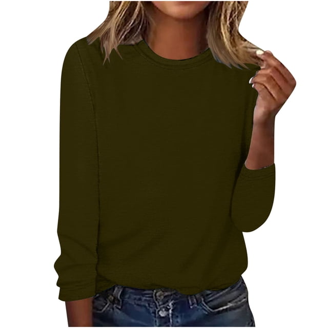 AherBiu Womens Long Sleeve Tops Crewneck Basic Layer Top Tee Tshirts Solid Color Dailywear