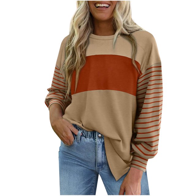 Amzcrzy Chandail en Molleton Femme Col Rond Manches Longues T-Shirts Décontractés Tunique à Rayures Blocs de Couleur Basiques