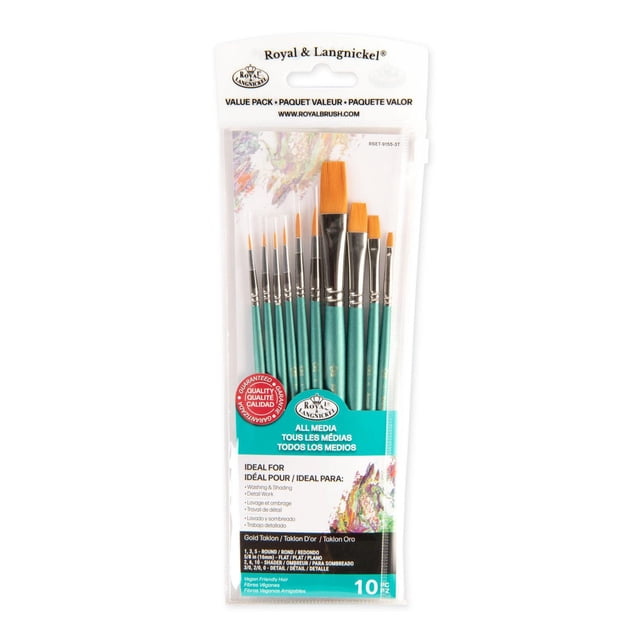 Royal & Langnickel 10pc Gold Taklon Detail Variety Paint Brushes set with teal hardwood handles and synthetic taklon bristles, including round, shader, detail, and flat brushes ideal for acrylic, watercolor, and oil painting, packaged in clear plastic with quality guarantee label.