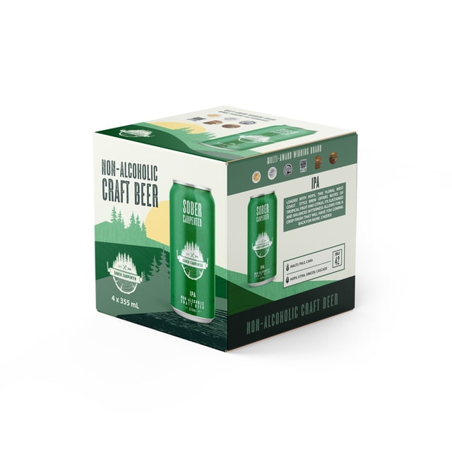 Sober Carpenter non-alcoholic IPA 4-pack with green cans and white logo, packaged in a box featuring forest and sunset graphics. This West Coast style IPA offers tropical fruit and citrus notes, balanced bitterness, less than 0.5% ABV, hangover free, and fewer calories.