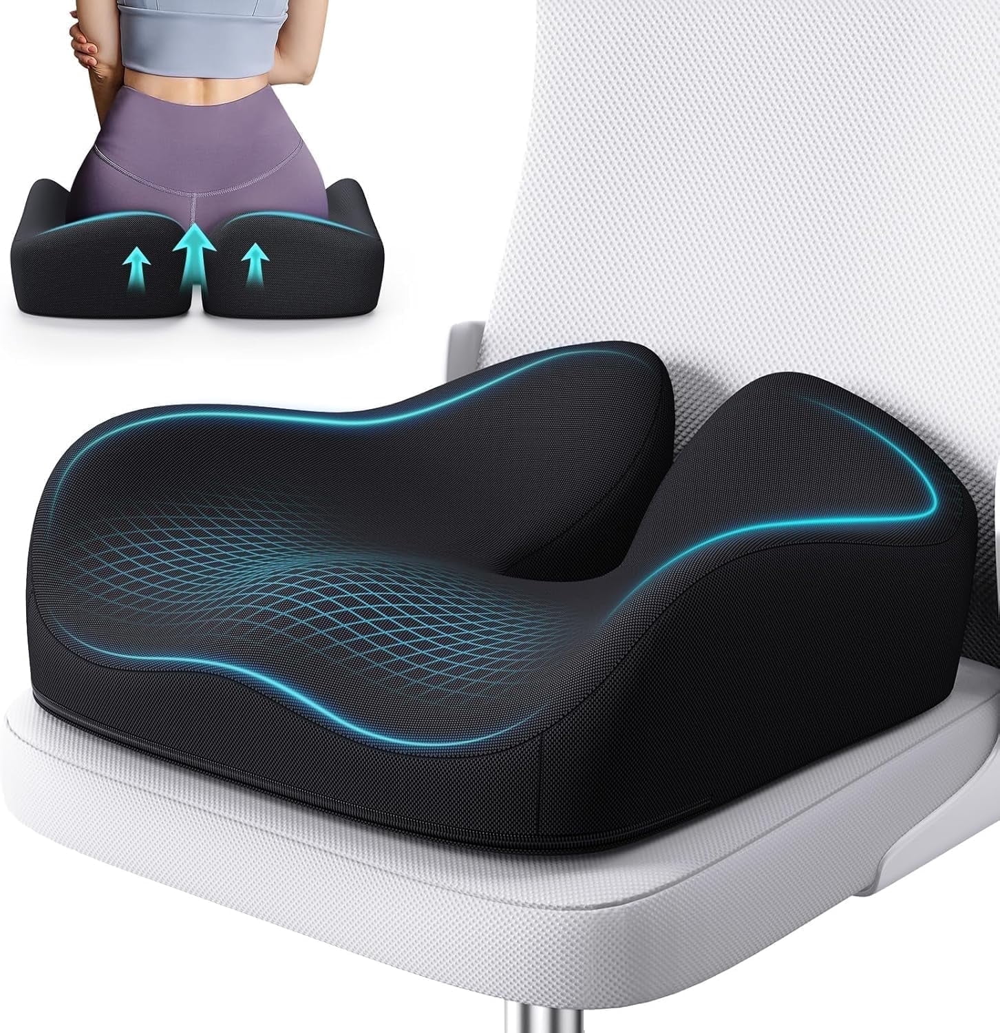 Lolsea Seat Cushion for Office Chair, Memory Foam Office Chair Cushion for Sciatica, Tailbone & Back Pain Relief, Black
