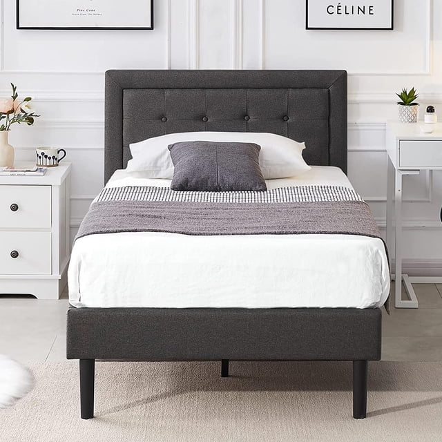 VECELO Lit Plateforme Format Simple avec Tête de Lit Rembourrée Ajustable, Aucun Sommier Requis, Gris