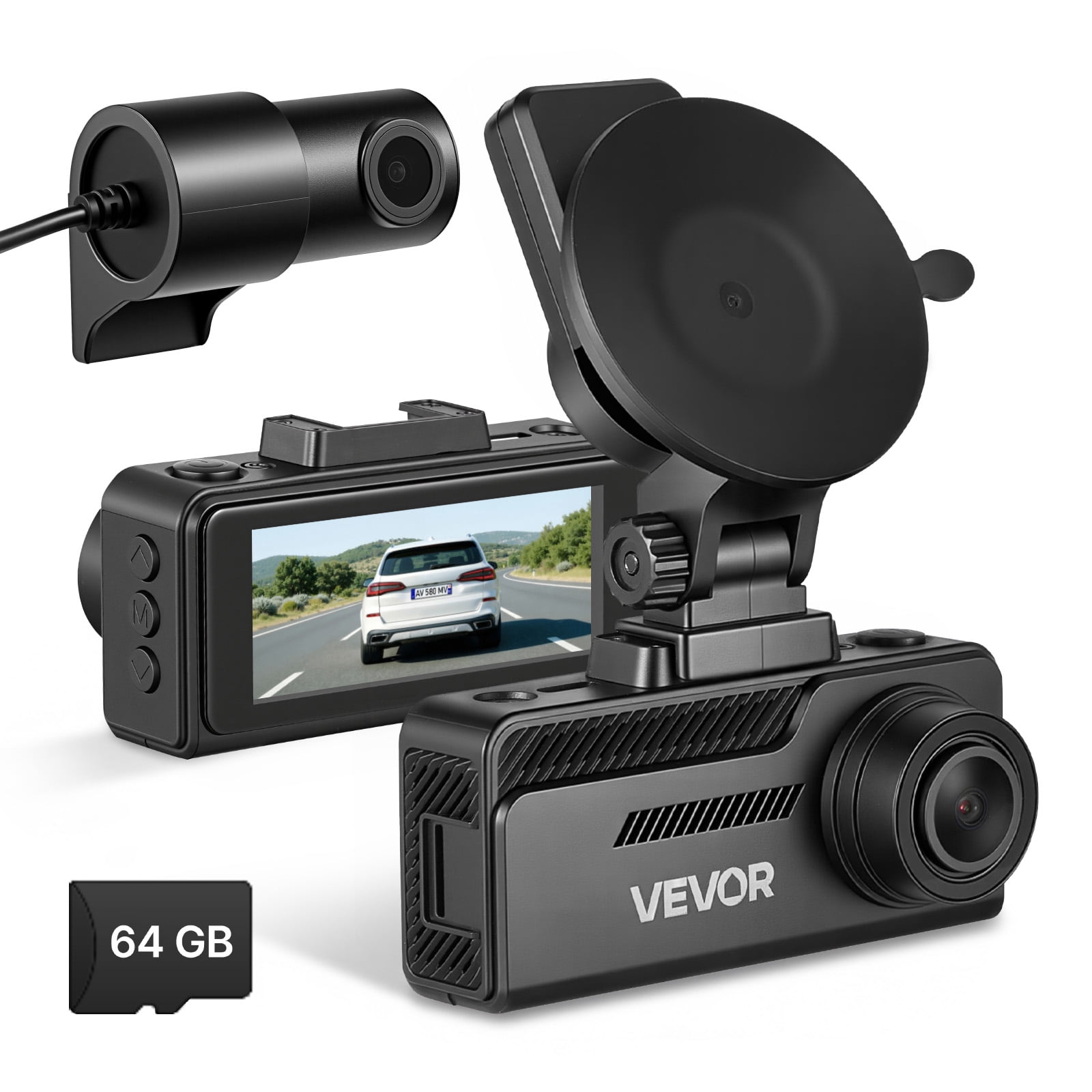 VEVOR Dash Cam Front and Rear, 4K+1080P, 64 GB Card Included, Dual Channel Dash Camera for Cars with Built-in GPS, G-Sensor, Front 129° & Rear 125°, 3.18" Touch Screen, Loop Recording, Parking Mode