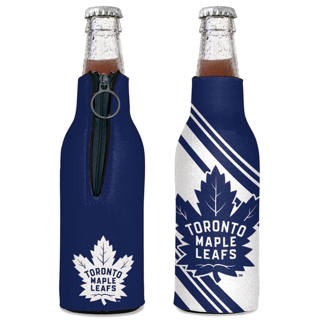 Maple Leafs de Toronto Glacière pour Bouteille Présentée sur Deux Bouteilles de 12 Onces, l'Une avec Mousse Isolante Bleu Marine et Fermeture Éclair Frontale à Tirer, l'Autre avec un design Pliable Multicolore Mettant en Vedette le logo de Feuille d'Érable Blanche de l'Équipe et des Rayures Diagonales, Convient comme Accessoire de Vaisselle pour l'Isolation de Bouteille.