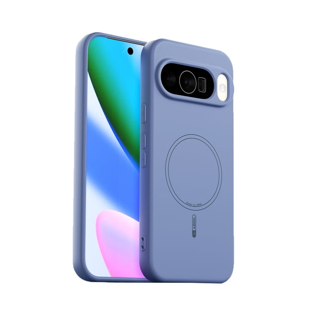 GadgetCom Magnetic Case compatible with Google Pixel 10, designed with a smooth liquid silicone exterior in muted blue. This Google phone case features a raised camera protection ring to safeguard lenses, precise cutouts for buttons, and a built-in magnetic ring for attachment to chargers and accessories. The microfiber-lined interior prevents scratches, while the slim profile ensures a secure fit.