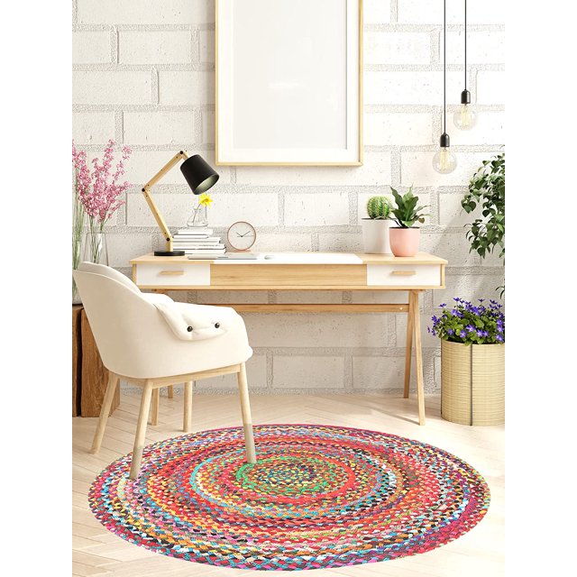Aizza Trends Hand Made Hand Braided Pure Cotton Round Floor Area Rug, Floor Carpet Rug