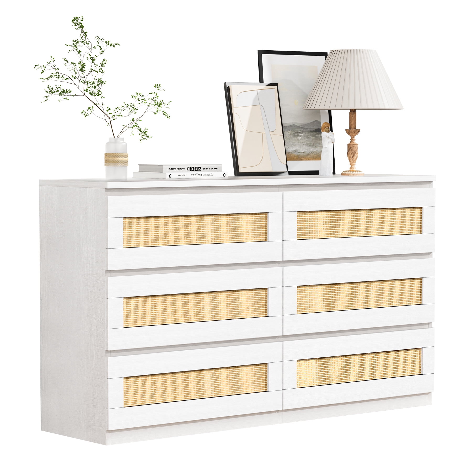 EastVita Rattan Dresser for Bedroom, Modern 6 Drawer Double Dresser with Anti-Tip Kit, Wood Storage Wide Chest of Drawers for Bedroom, Living Room, Hallway