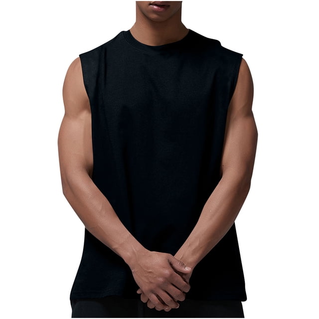 Besolor Men's Athletic Tank Tops Crewneck Sleeveless Workout Shirts in solid black color, designed for gym, casual wear, or outdoor activities. Made of lightweight, breathable polyester fabric, this men's tank top features a loose fit and crewneck style. Suitable for pairing with jeans, leggings, or workout pants, it is ideal for spring, summer, or fall wardrobes. The model is shown wearing the tank top with arms relaxed in front, emphasizing the sleeveless design and athletic fit.