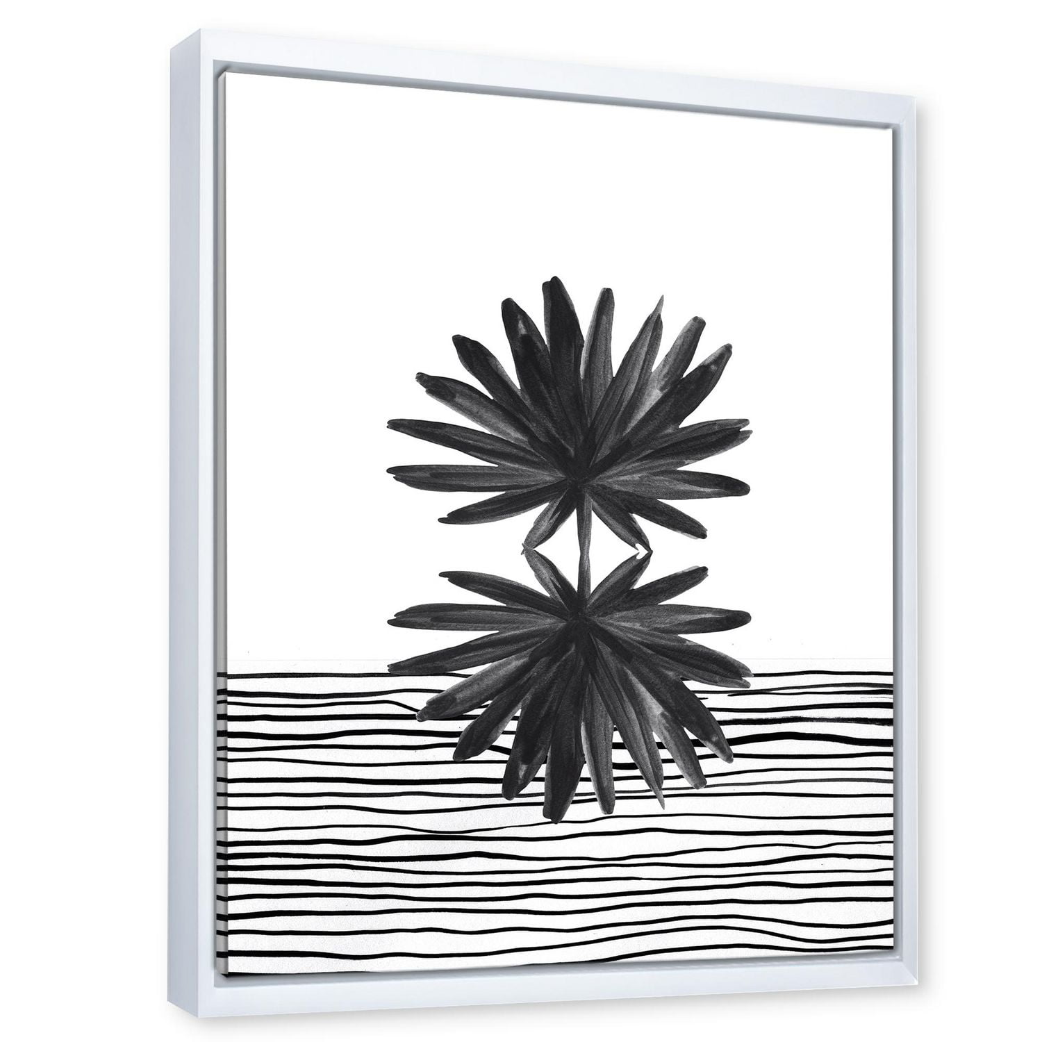 Designart Feuille tropicale noire et blanche sur rayures II ART MURAL À CADRE FLOTTÉ