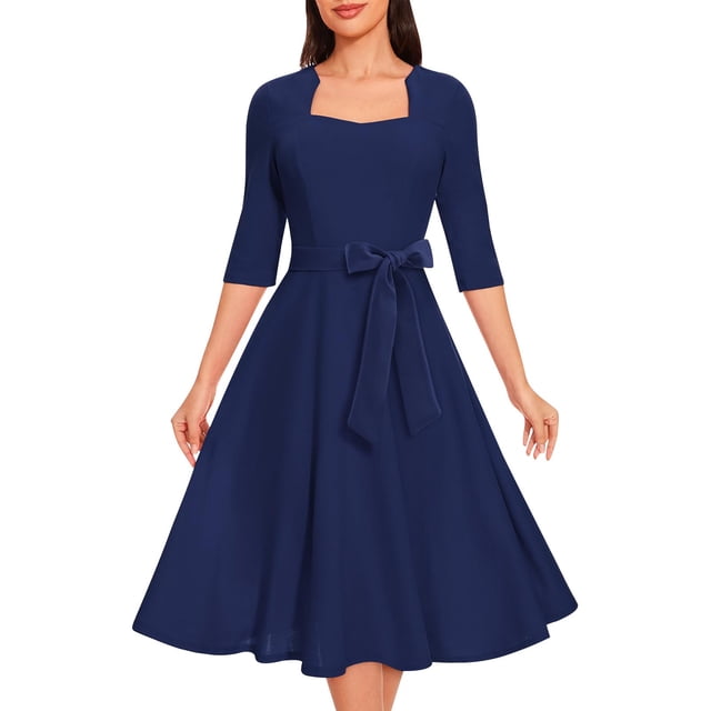 FcBaudy Robe à Manches Courtes Col Carré, Robes d'Été pour Femmes, Robes Décontractées Élégantes Plissées Col en V Sans Manches pour Femmes