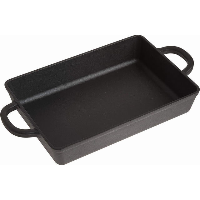 Crock Pot Artisan 13 Inch Preseasoned Cast Iron rectangular lasagna pan with two loop handles, black textured cast iron that distributes and retains heat evenly, oven and stovetop safe, ideal for casseroles, baking, roasting, serving, and storing food.