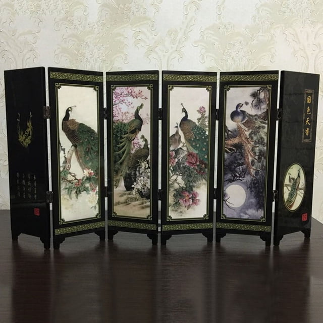 Bgsha Mini Room Divider Folding Peacock Screens, a 6-panel wood partition with vibrant peacock artwork. This freestanding mini room divider is compact, foldable, and ideal for room separation or decorative use. The detailed patterns and durable material make it suitable for enhancing home décor or as a commemorative gift. Perfect for creating cozy spaces or adding elegance to any room.