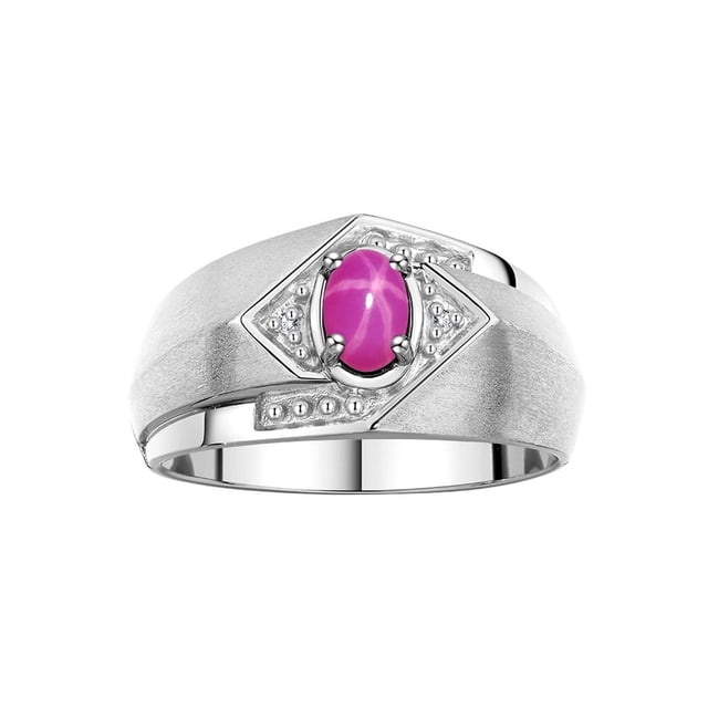 RYLOS Mens Rings Sterling Silver Ring 6X4MM Oval Shape Gemstone & Diamond Ring Star Ruby July Birthstone Rings For Man Silver Rings, Size 11