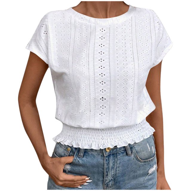 Pisexur Hauts d'Été pour Femmes, Hauts pour Femmes, Mode Printemps/été pour Femmes, Décontracté Ample Col Rond Manches Courtes, Hauts pour Dames Blancs, P