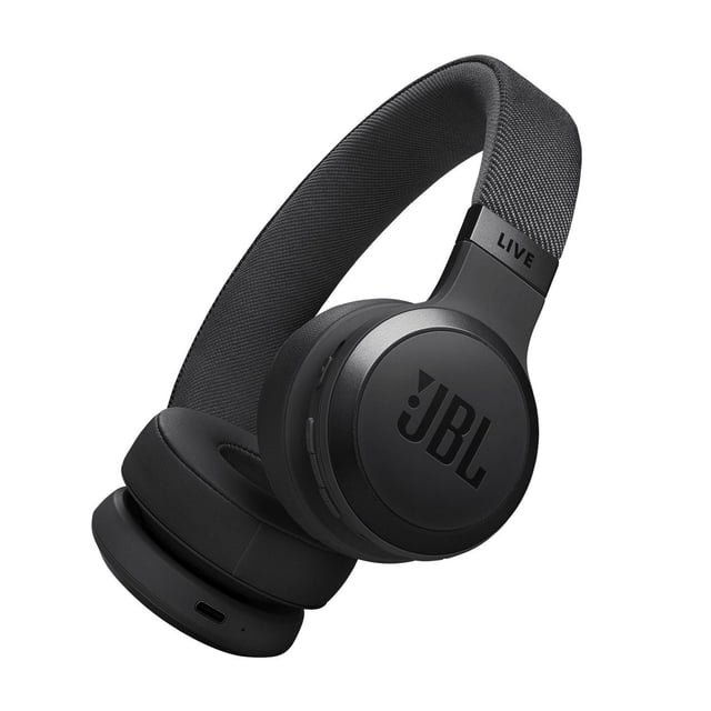 JBL LIVE 670NC on-ear headphones in matte black with fabric headband and cushioned ear cups, showing JBL logo on ear cup, angled view on white background, featuring Bluetooth 5.3, True Adaptive Noise Cancelling, and up to 65 hours battery life, ideal for multitasking with multi-point connection.