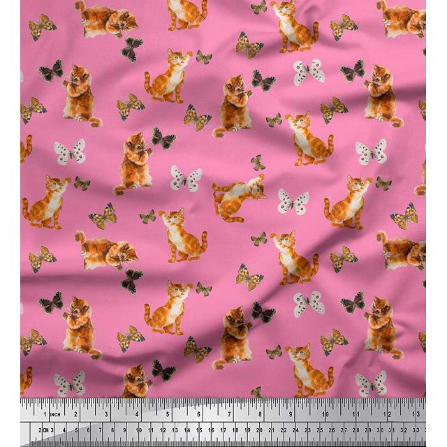 Soimoi Pink Rayon Fabric Insect & Cat Animal Print Fabric by The Yard 56 Inch Wide