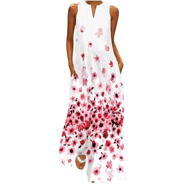 Leutsin Robe Longue Décontractée pour Femme avec Imprimé Rayé et Floral, Robe Maxi Sans Manches