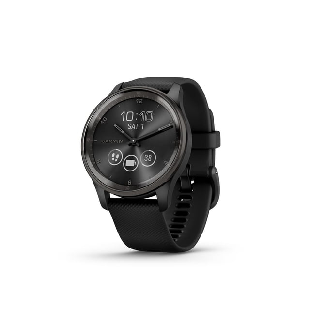 Garmin vívomove® Trend hybrid smartwatch with 40 mm black stainless steel bezel and textured black silicone strap, featuring classic analog hands over a hidden touchscreen that displays time, date, smart notifications, and health monitoring icons.