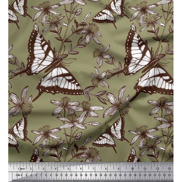 Soimoi Green Georgette Viscose Fabric Flower & Butterfly Decor Fabric Printed BTY 42 Inch Wide