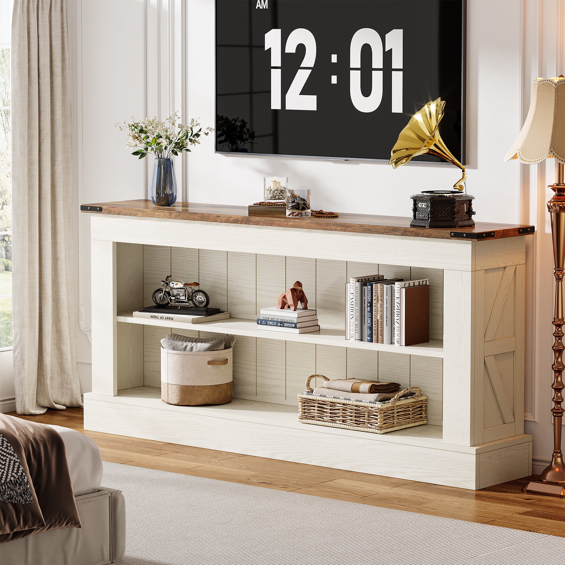 Farmhouse TV Stand for 70-Inch TV, 63" Entertainment Center with Shelves, Large Media Console for Living Room, Bedroom, White and Brown
