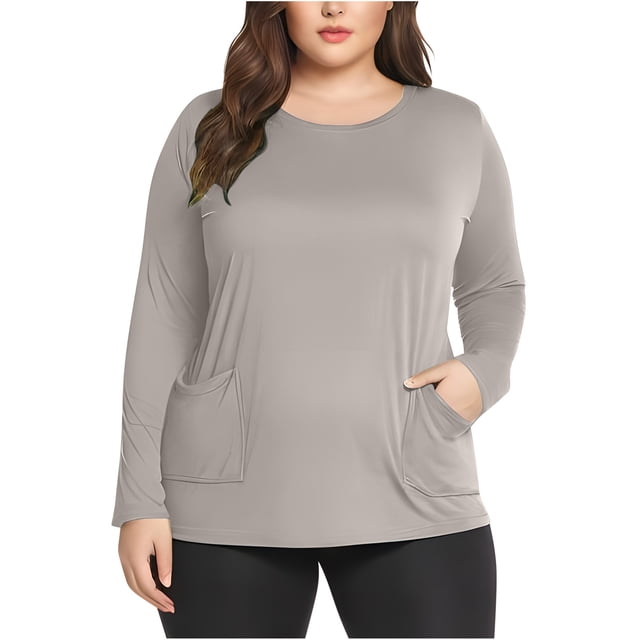 Women's Plus Size Long Sleeve Tunic Top Crew Neck Basic Oversized T Shirts Blouse with Pockets