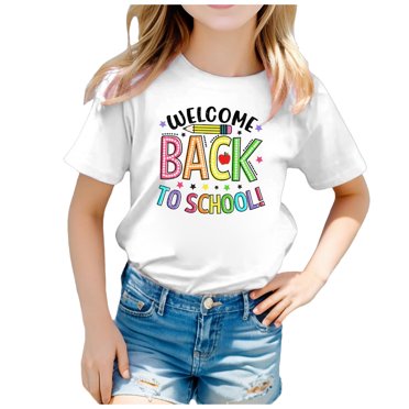 GDREDA Vêtements Fille Enfants Rentrée Scolaire Saison Mignonne Imprimé Graphique Col Rond Manches Courtes Tee Été Décontracté T-Shirt Hauts Filles Hauts d'Été Tendance Blanc,10-11 Ans