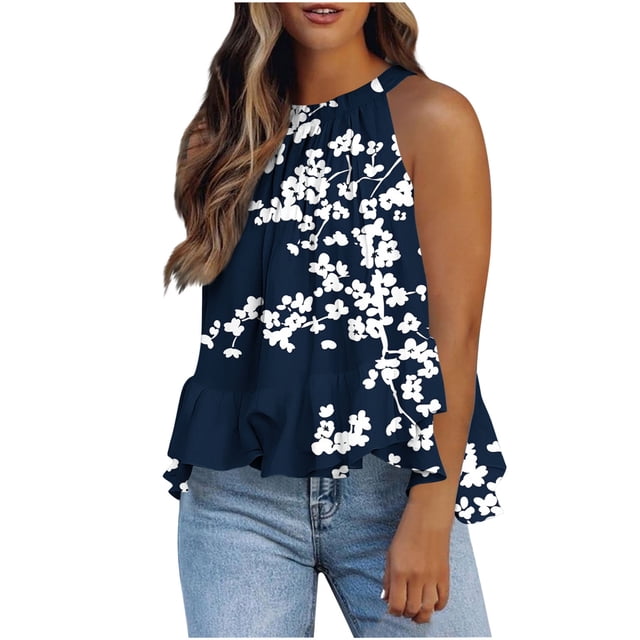 Weiqiqre Womens Summer Tops Adjustable Tie Neckline Ruffle Hem Sleeveless Flowy Halter Tops