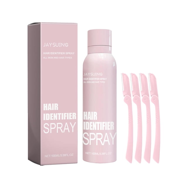 Hair Identifier Spray for Face Shaving, shown with its pink 100ml spray bottle and matching packaging. The set includes four pink eyebrow trimming razors. Designed for dermaplaning, the spray highlights fine facial hair for a precise shave, moisturizes skin with natural plant extracts, and provides a cooling sensation. Features a delicate floral aroma with notes of violet, jasmine, and honey.