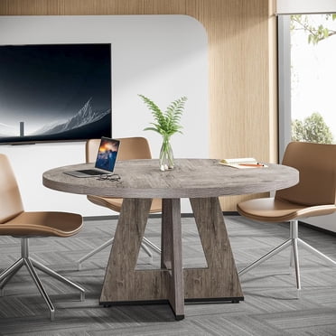 Tribesigns Table de Conférence Ronde en Bois de 47 Pouces pour 4 à 6 Personnes, Table de Salle de Réunion Moderne avec Plateau Épais, Base en Bois et Patins de Pieds Ajustables, Brun