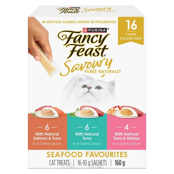 Purina Fancy Feast Savoury Purée Naturals Seafood Favourites Variety pack, Cat Treats 10g x 16