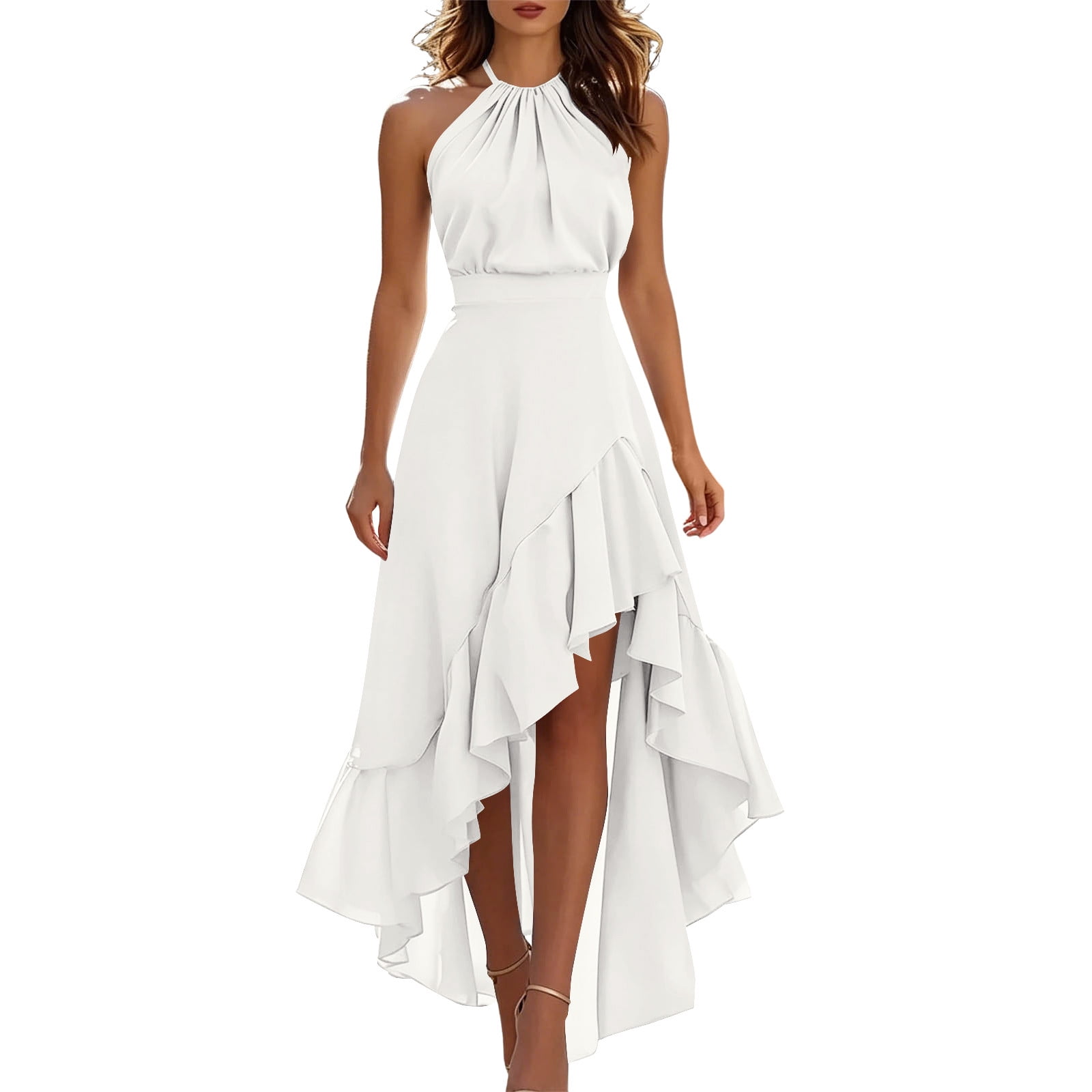 QTBIUQ Women's High-Low Halter Neck Ruffle Maxi Dress Sleeveless Chiffon Wedding Guest Dress Ruched Waist Asymmetrical Party Dress Elegant Flowy Formal Evening Sundress(White,S)
