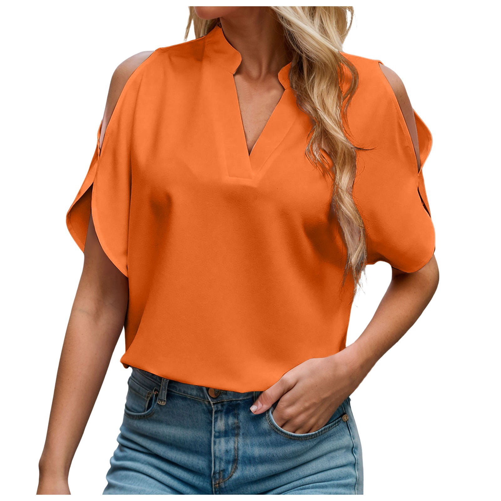 WEIYLL Tops Women Solid Color V Neck Sleeved Off Shoulder Orange Blouse Sizes XXL